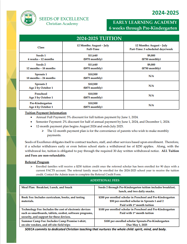Tuition & Fees - Seeds of Excellence Christian Academy